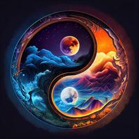 generativo ai ilustração do uma mítico yin yang Magia Projeto fez a partir de carnaval vidro, fantasia céu fundo, mestres do a escuridão, fantasia épico atmosfera foto