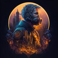 generativo ai ilustração do cyberpunk astronauta com uma industrial fumaça, mecânico detalhe em ombros, poluição, centrado dentro intrincado ouro e fogo círculo do cidade e arranha-céus foto