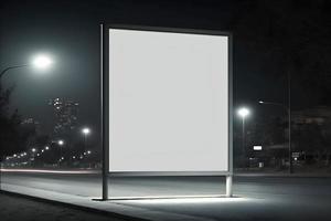 esvaziar espaço propaganda quadro, em branco branco tabuleta em beira da estrada dentro cidade, vertical em branco Painel publicitário dentro cidade dentro noite Tempo foto