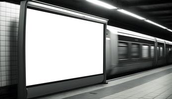 em branco em pé esvaziar espaço Painel publicitário às subterrâneo trem estação, esvaziar espaço para de Anúncios bandeira, livre foto