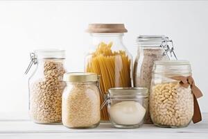 conjunto dentro cereais dentro a jarra do vidro em uma branco fundo, massa arroz grão de bico lentilhas aveia, painço, saudável comendo e dieta conceito. ai gerado foto