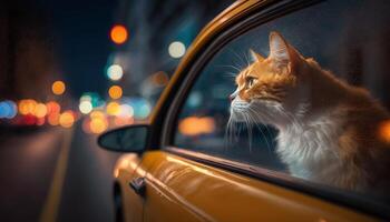 engraçado gato passeios dentro uma carro e parece Fora do a janela às a rua. generativo ai foto