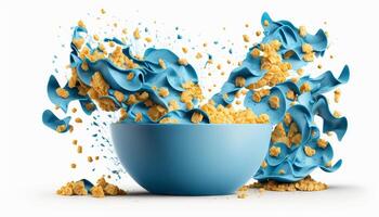 flocos de milho dentro azul tigela. café da manhã cereal com espirrando leite isolado em branco fundo. generativo ai foto