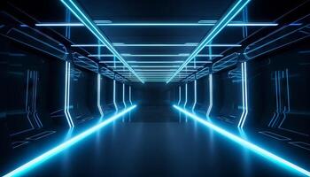 azul branco conduziu luzes sci fi futurista moderno nave espacial Sombrio túnel corredor. generativo ai foto