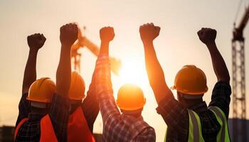 construção trabalhadores levantar seus mãos dentro a ar trabalho dia, ai generativo foto