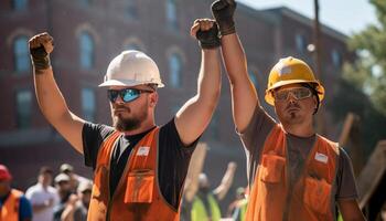 construção trabalhadores levantar seus mãos dentro a ar trabalho dia, ai generativo foto