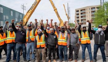 construção trabalhadores levantar seus mãos dentro a ar trabalho dia, ai generativo foto