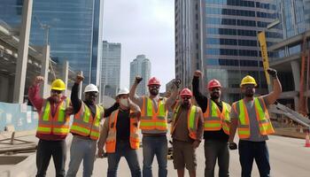 construção trabalhadores levantar seus mãos dentro a ar trabalho dia, ai generativo foto