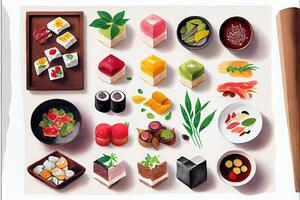 generativo ai ilustração do knolling japonês cozinha comida, aguarela pintura estilo, conjunto do ásia Comida foto