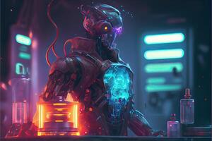 generativo ai ilustração do humanóide robô trabalhando dentro pesquisa laboratório. artificial inteligência, automação do Ciência, estúdio iluminação, fantasia composição, cyberpunk foto