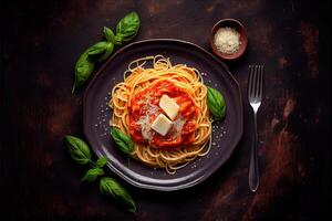 generativo ai ilustração do saboroso apetitoso clássico italiano espaguete massa com tomate molho, queijo parmesão e manjericão em prato em Sombrio mesa. Visão a partir de acima foto