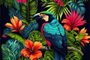 generativo ai ilustração do tropical padronizar com selva vegetação e exótico fauna dentro brilhante cores. foto