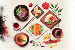 generativo ai ilustração do knolling japonês cozinha comida, aguarela pintura estilo, conjunto do ásia Comida foto