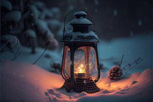 generativo ai ilustração do lanterna com velas em uma lindo azul fundo com ouro pó, estrelas e neve. lindo Natal ou Novo ano fundo. neural rede gerado arte. foto