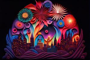 generativo ai ilustração do foto papel cortar dobrando multidimensional papel corte, construir papel ilustração, fogos de artifício e lindo cidade dentro Novo ano véspera, nacional dia com colori luzes, pop cor.