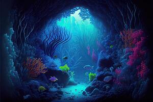 generativo ai ilustração do embaixo da agua mundo às a profundidade do a oceano. embaixo da agua desfiladeiros e túnel, organismos e peixe. embaixo da agua profundo mundo, mar escuridão, algas brilho, azul néon, corais. foto