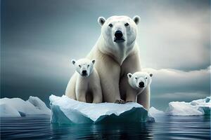 generativo ai ilustração do família branco Urso em iceberg, aurora céu foto