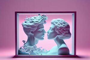 generativo ai ilustração do diorama estilo do personagens retrato, amor é dentro a ar homem mulher beijo, pastel volumétrico luz foto