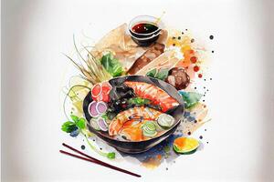 generativo ai ilustração do knolling japonês cozinha comida, aguarela pintura estilo, conjunto do ásia Comida foto