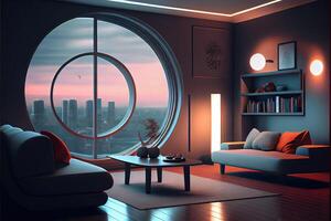 generativo ai ilustração do confortável vivo quarto a partir de a ano 2050, escandinavo japonês ficção científica Projeto foto