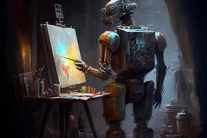 generativo ai ilustração do cyborg ai robô artista dentro Sombrio estúdio Próximo para dele cavalete, pintura e tintas enquanto trabalhando, neural rede gerado arte. digitalmente pintura, gerado imagem. foto