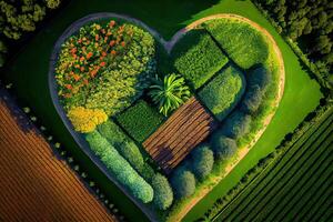 generativo ai ilustração do a aéreo foto exibindo grande Campos com uma variedade do cultivo crescendo em eles, usando a permacultura e poli cultura princípios, que estão benéfico para a ecologia