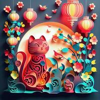 generativo ai ilustração do papel cortar arte, dobrando multi dimensional vietnamita estilo, fofa zodíaco gatinha gato com lanternas dentro fundo, chinês Novo ano. 3d papel ilustração estilo. foto