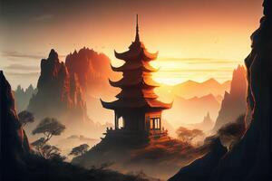 generativo ai ilustração do fantasia fundo com misterioso antigo chinês têmpora dentro montanhas. digital obra de arte. chinês estilo. jogos e arte conceito. foto