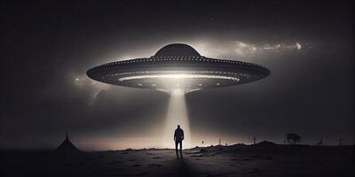 generativo ai ilustração do uma refletindo em a significado do vida depois de tendo uma profundo encontro com uma UFO foto