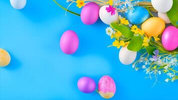 decorativo colorida Páscoa ovos ai generativo imagens para Páscoa dia em azul fundo ai generativo foto