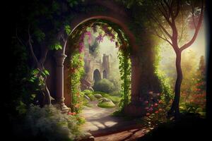 generativo ai ilustração do irreal fantasia panorama com árvores e flores luz solar, sombras, trepadeiras e a arco. jardim do Éden, exótico conto de fadas fantasia floresta, verde oásis. foto