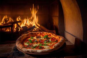 generativo ai ilustração do italiano pizza é cozinhou dentro uma a lenha forno. foto