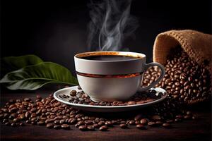 generativo ai ilustração do copo do café e café feijões em velho de madeira mesa e a plantações chá Colina fundo foto