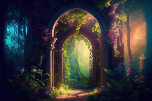 generativo ai ilustração do irreal fantasia panorama com árvores e flores luz solar, sombras, trepadeiras e a arco. jardim do Éden, exótico conto de fadas fantasia floresta, verde oásis. foto