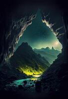 generativo ai ilustração do uma reino do brilho dentro a Sombrio montanhas dentro uma enorme caverna fez do Preto brutalista concreto foto