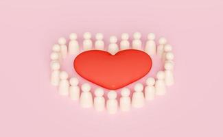 de madeira figuras grupo com vermelho coração isolado em Rosa fundo. dar e compartilhar amor conceito, 3d ilustração, 3d render foto