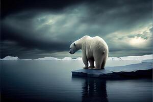 generativo ai ilustração do solitário branco Urso em iceberg, aurora céu foto