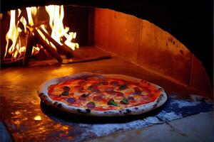 generativo ai ilustração do italiano pizza é cozinhou dentro uma a lenha forno. foto