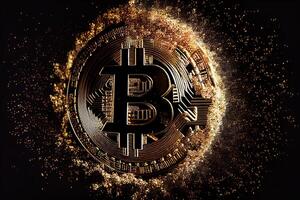 generativo ai ilustração do bitcoin placa em uma ouro moeda , a moeda brilhos , cachos do dourado faíscas , Preto fundo foto