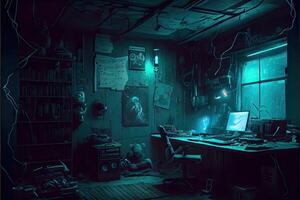 generativo ai ilustração do bagunçado e Sombrio cyberpunk hacker esconderijo quarto com luzes foto