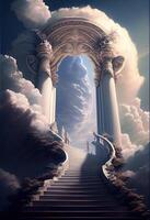 generativo ai ilustração do uma deslumbrante Escadaria este conduz acima para uma celestial reino. a escadas estão iluminado com uma macio, etéreo luz, uma enevoado, mágico neblina foto