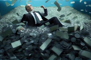 generativo ai ilustração do homem de negocios natação dentro a muito ampla pilha do dinheiro foto