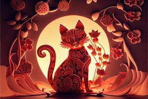 generativo ai ilustração do papel cortar arte, dobrando multi dimensional vietnamita estilo, fofa zodíaco gatinha gato com lanternas dentro fundo, chinês Novo ano. 3d papel ilustração estilo. foto