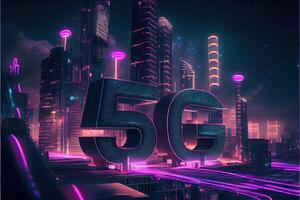 generativo ai ilustração do futurista cidade às noite, 5g Internet rede sem fio sistemas e Internet do coisas, inteligente cidade e comunicação rede conceito. foto