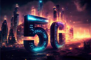 generativo ai ilustração do futurista cidade às noite, 5g Internet rede sem fio sistemas e Internet do coisas, inteligente cidade e comunicação rede conceito. foto