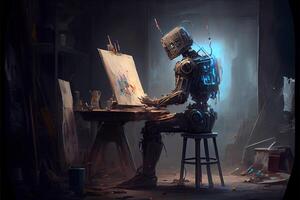 generativo ai ilustração do cyborg ai robô artista dentro Sombrio estúdio Próximo para dele cavalete, pintura e tintas enquanto trabalhando, neural rede gerado arte. digitalmente pintura, gerado imagem. foto