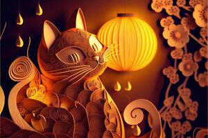 generativo ai ilustração do papel cortar arte, dobrando multi dimensional vietnamita estilo, fofa zodíaco gatinha gato com lanternas dentro fundo, chinês Novo ano. 3d papel ilustração estilo. foto