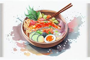 generativo ai ilustração do knolling japonês cozinha comida, aguarela pintura estilo, conjunto do ásia Comida foto