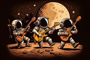 generativo ai ilustração do uma trio do astronautas fazer música em a lunar superfície foto