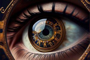 generativo ai ilustração do relógio dentro a olho, temporal visão, fechar foco foto
